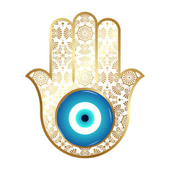 Ornate hamsa, Gold amulet against the evil eye and spoilage. Vector.