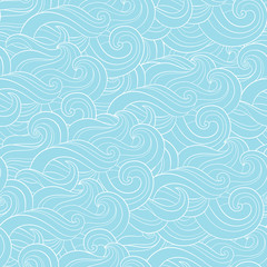 Abstract cartoon blue white background, wallpaper. Doodle pattern sea waves, ocean, river, wind. Seamless texture textile fabric, printing, web design, card, poster, flyer, banner, packaging, wrapping