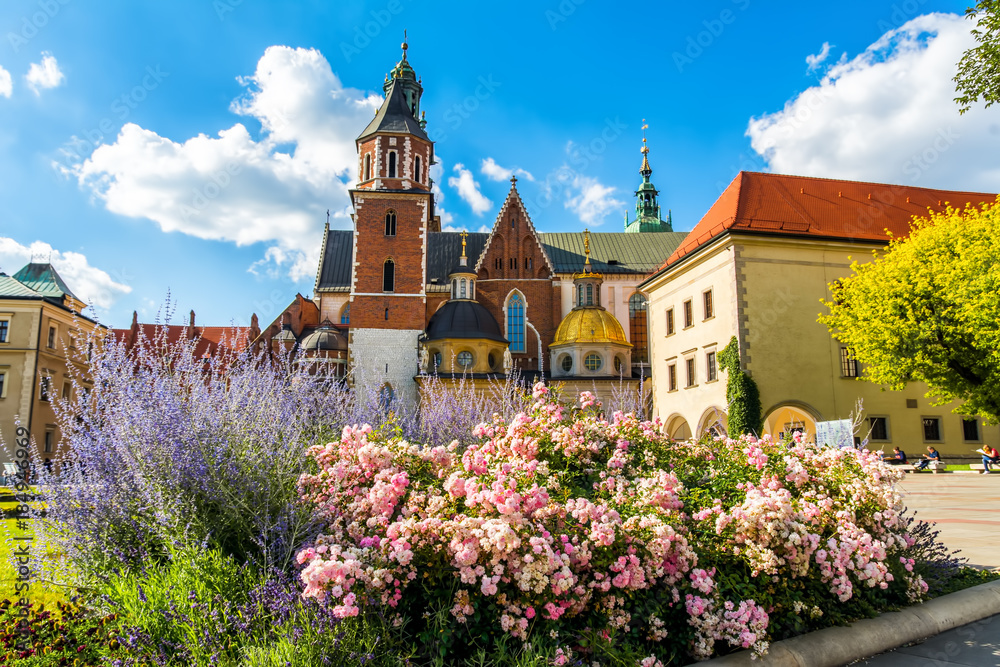 Niesamowity widok na zabytkowy zamek królewski na Wawelu i katedrę w Krakowie - obrazy, fototapety, plakaty 