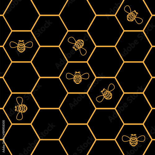Cotton fabric Bees_in_Honeycombs. Vector_Illustration