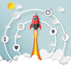 Aufkleber - Rocket launch.With start up business creative idea concept paper art style.Vector illustration.