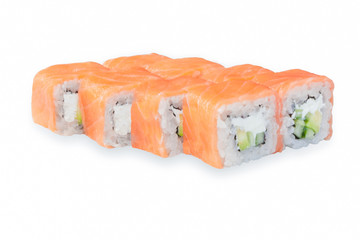 A delicious set of sushi on a white background.