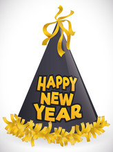 Festive Black Hat With Golden Ornaments For New Year Party, Vector Illustration