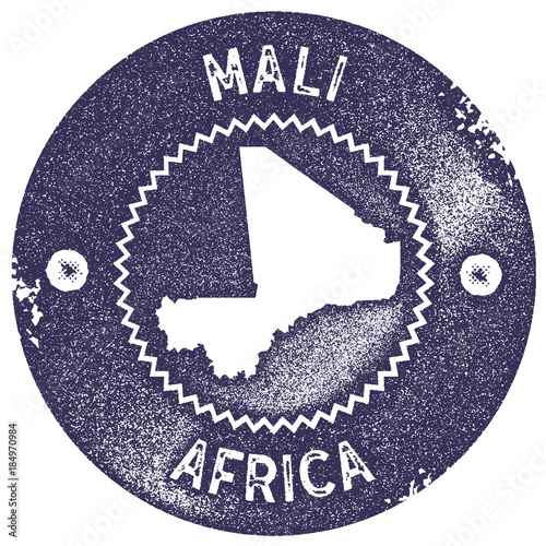 Obraz na płótnie Mali map vintage stamp. Retro style handmade label, badge or element for travel souvenirs. Deep purple rubber stamp with country map silhouette. Vector illustration.