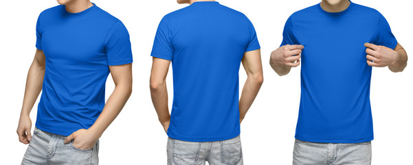 Wall Mural - Young male in blank blue t-shirt, front and back view, isolated white background. Design men tshirt template and mockup for print