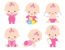 Cute Baby Or Toddler Girl Vector Illustration In Various Poses Such As Standing, Sitting, Crying, Playing, Crawling.