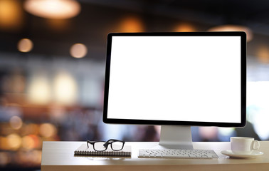 Laptop with blank screen on table. Workspace background new project on laptop computer with blank copy space screen for your advertising text message