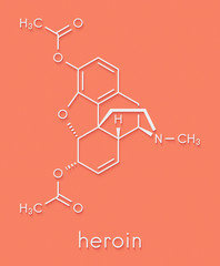 Sticker - Heroin (diacetylmorphine, morphine diacetate, diamorphine) opioid drug molecule. Skeletal formula.