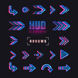 © Sensvector - Futuristic interface hud design elements. Set of arrows, pointers, direction. Set of holographic arrows, pointers, direction for infographics. Effect glitch or neon or hologram.Tech and science theme.
