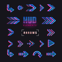 Poster - Futuristic interface hud design elements. Set of arrows, pointers, direction. Set of holographic arrows, pointers, direction for infographics. Effect glitch or neon or hologram.Tech and science theme.