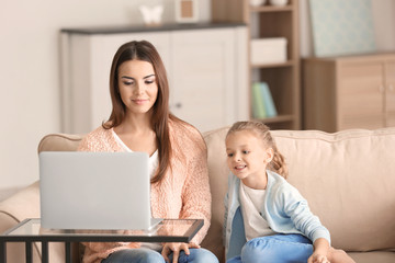 Poster - Busy young woman with daughter in home office