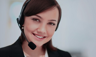 Sticker - Portrait of happy smiling cheerful support phone operator in headset at office