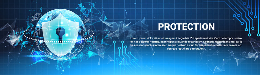 Poster - protection shield blue polygons over binary code background business concept of data security horizo