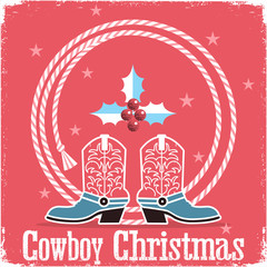 Wall Mural - Cowboy christmas card red background with western boots and lasso