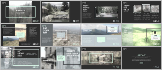 Wall Mural - Clean and minimal presentation templates. Green color elements on a black background. Brochure cover vector design. Presentation slides for flyer, leaflet, brochure, report, marketing, advertising.