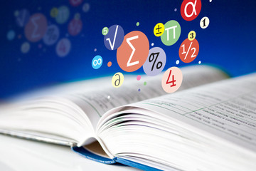 open book with pages - literature and education - mathematics textbook and math symbols
