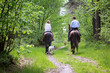 Young couple on a horseback walk with thier dogs.
