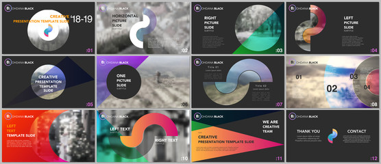Wall Mural - Clean and minimal presentation templates. Colorful elements on a black background. Brochure cover vector design. Presentation slides for flyer, leaflet, brochure, report, marketing, advertising.
