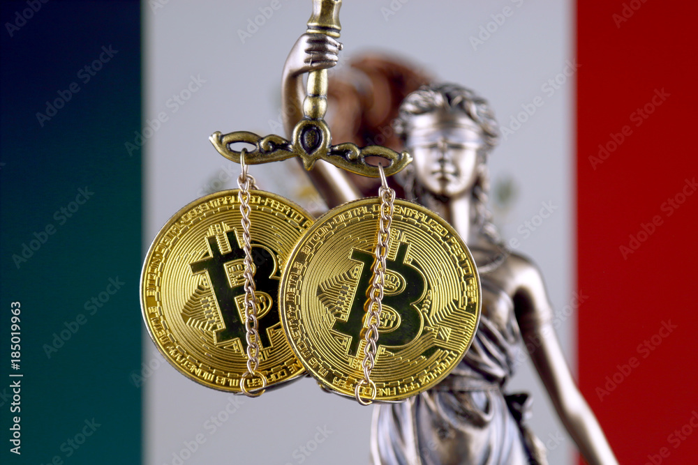 Symbol of law and justice, physical version of Bitcoin and Mexico Flag. Prohibition of cryptocurrencies, regulations, restrictions or security, protection, privacy.