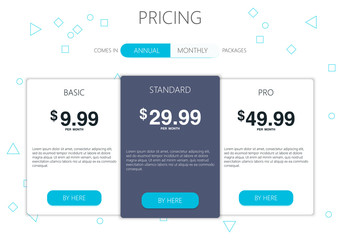 Poster - Three banners. Pricelist, hosting plans and web design boxes of banners. Banners for tariffs and price lists. Web elements. Plan the hosting. design for a web application.
