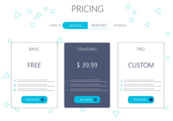 Poster - Three banners. Pricelist, hosting plans and web design boxes of banners. Banners for tariffs and price lists. Web elements. Plan the hosting. design for a web application.