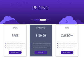 Poster - Three banners. Pricelist, hosting plans and web design boxes of banners. Banners for tariffs and price lists. Web elements. Plan the hosting. design for a web application.purple colors