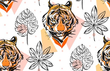 Hand drawn vector abstract creative seamless pattern with tiger face illustration and tropical exotic palm leaves in pastel colors isolated on white background.Design for fashion fabric,decoration.