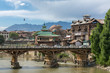 Riverside view of old town Srinagar from one of the bridges across Jhelum river, Jammu and Kashmir, India.