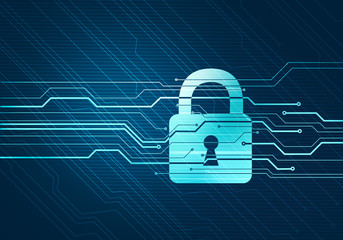 Leinwandbilder - Abstract digital concept of internet data security and safety with lock on circuit microchip background. For branding, graphic design, wallpaper.