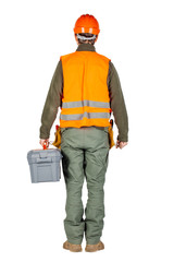 Wall Mural - a back view of construction worker in a helmet with toolbox in orange security vest