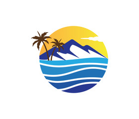 mountains and beach sunset palm tree vector logo design