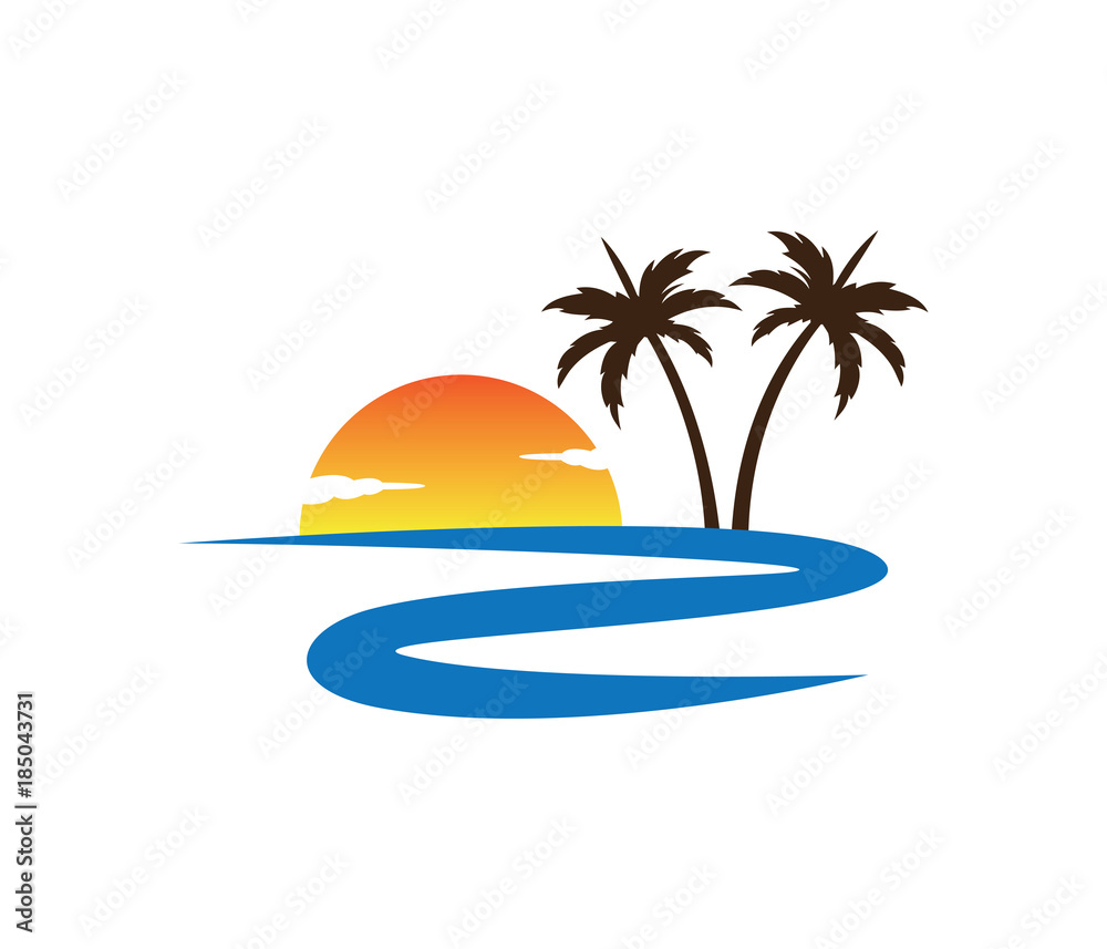 river sunset palm coconut tree beach vector logo design Stock Vector ...