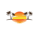 Fototapeta Zachód słońca - sunset palm coconut tree beach vector logo design