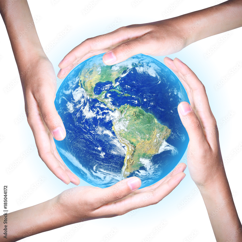 Four hands save the world on white background ,Elements of this image furnished by NASA - obrazy, fototapety, plakaty 