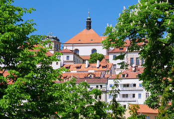 Prague Cityscape skyline on a sunny day in the Czech Republic.