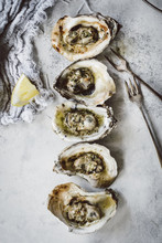 Row Of Grilled Oysters On Half Shell