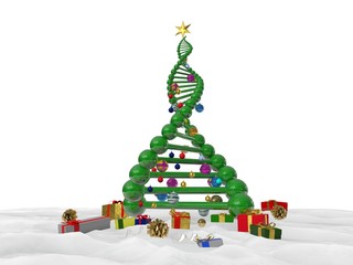 3D illustration of DNA strand as a new years Christmas tree with presents and ornaments