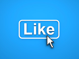 Poster - Like button with arrow cursor on blue background. 3D rendering.