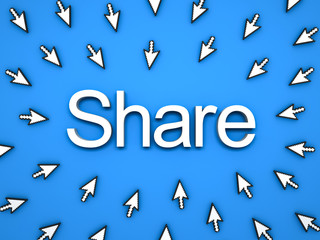 Aufkleber - Popular Share concept , many arrow cursors mouse clicking share button or link on blue background with shadows . 3D rendering.