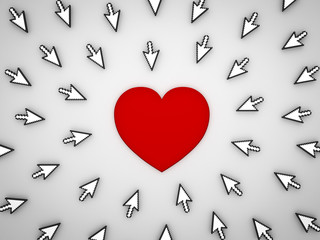 Fototapete - Many arrow cursors clicking red heart button isolated on grey background. 3D rendering.
