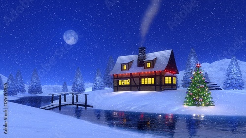Illuminated Half Timbered Mountain Cabin With Smoking Chimney And
