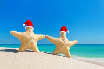 Poster - Sea stars couple in red Santa hats at sandy tropical beach