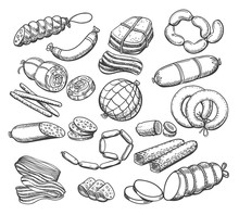 Sausages Sketch. Vintage Sausage And Meat Food Vector Doodles, Ham And Salami, Pepperoni And Wieners Hand Drawn Vector Illustration