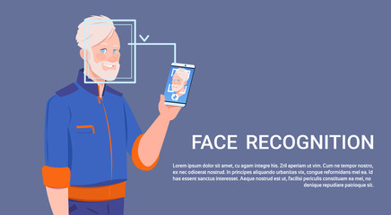 Poster - Man Hold Smart Phone Scanning Face Recognition Concept Biometric Access Control Technology Flat Vector Illustration
