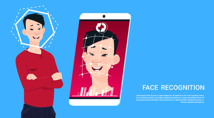 Poster - Biometric Scanning Smart Phone Access Technology Male User Face Recognition Concept Security System Flat Vector Illustration