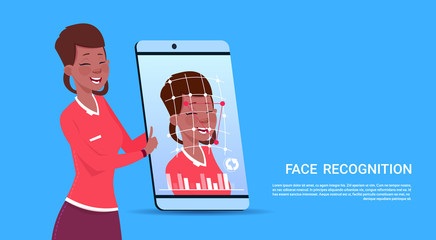 Poster - Biometric Scanning Smart Phone Access Technology African American Female User Face Recognition Concept Security System Flat Vector Illustration