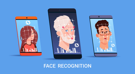 Poster - Biometric Scanning Face Recognition System Concept Set Of Modern Smart Phones Access Control Technology Flat Vector Illustration