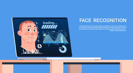 Poster - Face Recognition Concept Technology Of Biometric Scanning On Laptop Male User Authentication Technology Modern Access Control System Flat Vector Illustration