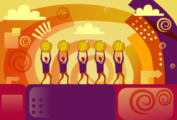 Poster - Happy Group Of People Holding Golden Bitcoins Crypto Currency Mining Network Concept Vector Illustration