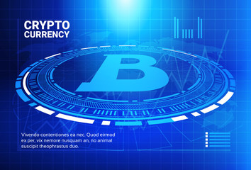 Poster - Bitcoin Charts On Blue World Map Background Crypto Currency Trade Concept Data Infographic Banner Vector Illustration